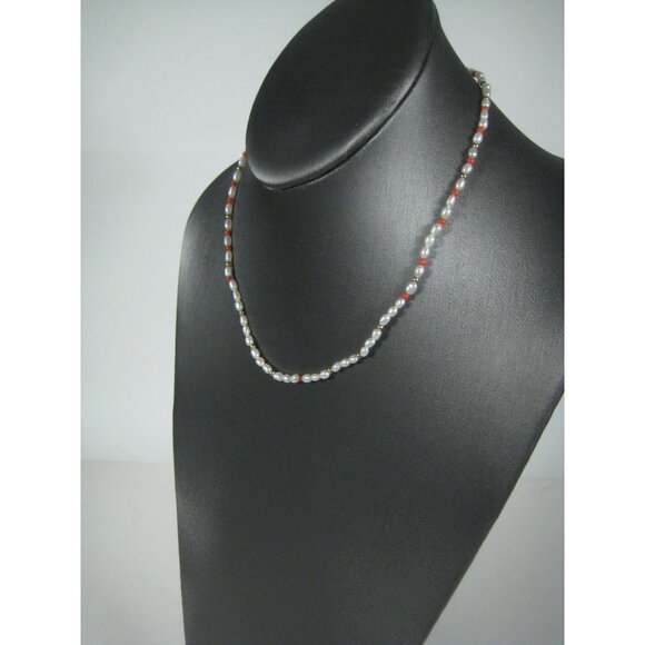 Freshwater Pearl Coral Delicate Gold Tone Bead Necklace 17 in Choker Minimalist - Picture 6 of 11